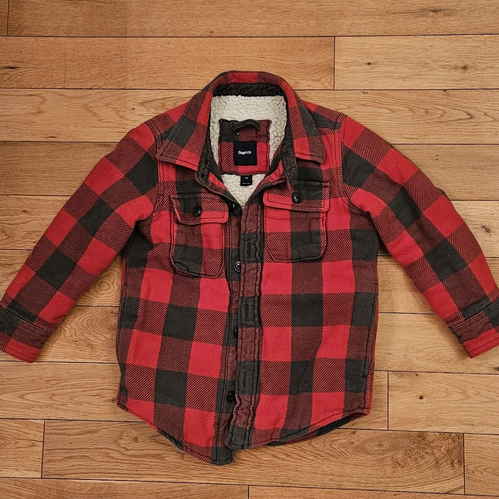 Gap Kids Red and Black Sherpa Lined Plaid Jacket